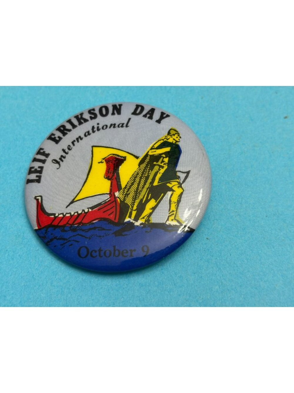 Vintage International Leif Erikson Day Pinback Button October 9 Viking Badge